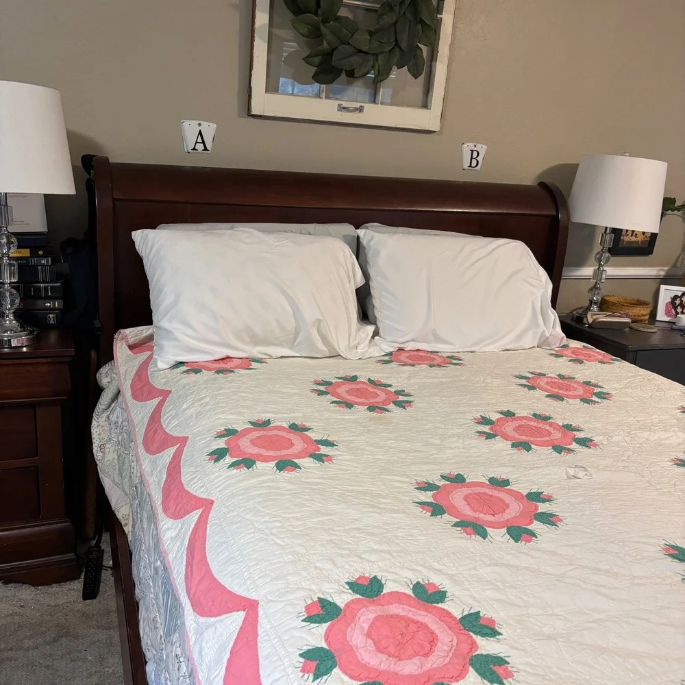 Vintage Handmade Rose of Sharon Ohio Rose Applique Quilt Pink Green 66x80 Twin